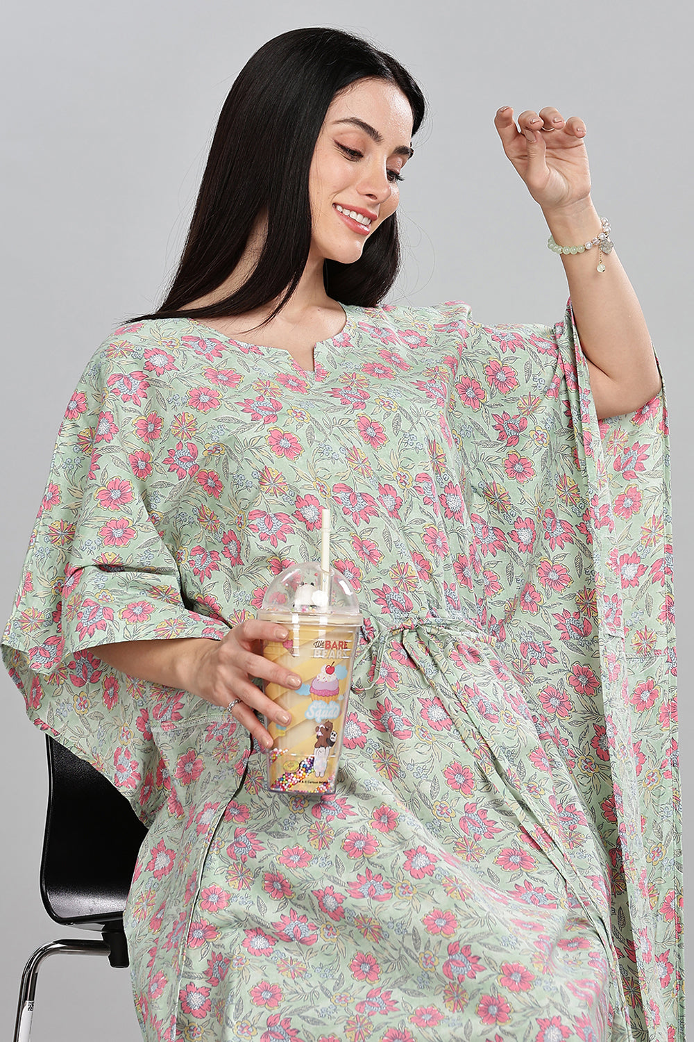 Naidu Hall Round Neck Kaftan Style Printed Nighty - Light Green  - NT68