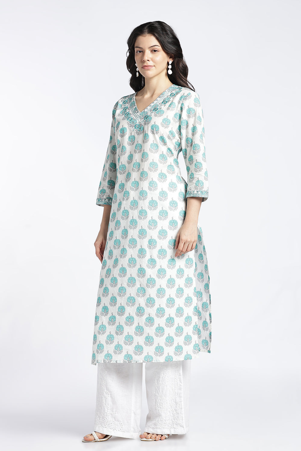 Mythri Women's Cotton Printed Kurti | V-Neck Floral Embroidered Kurti for Women | Regular Fit Everyday Ethnic Kurta | Casual Office Wear Cotton Kurti - 1040