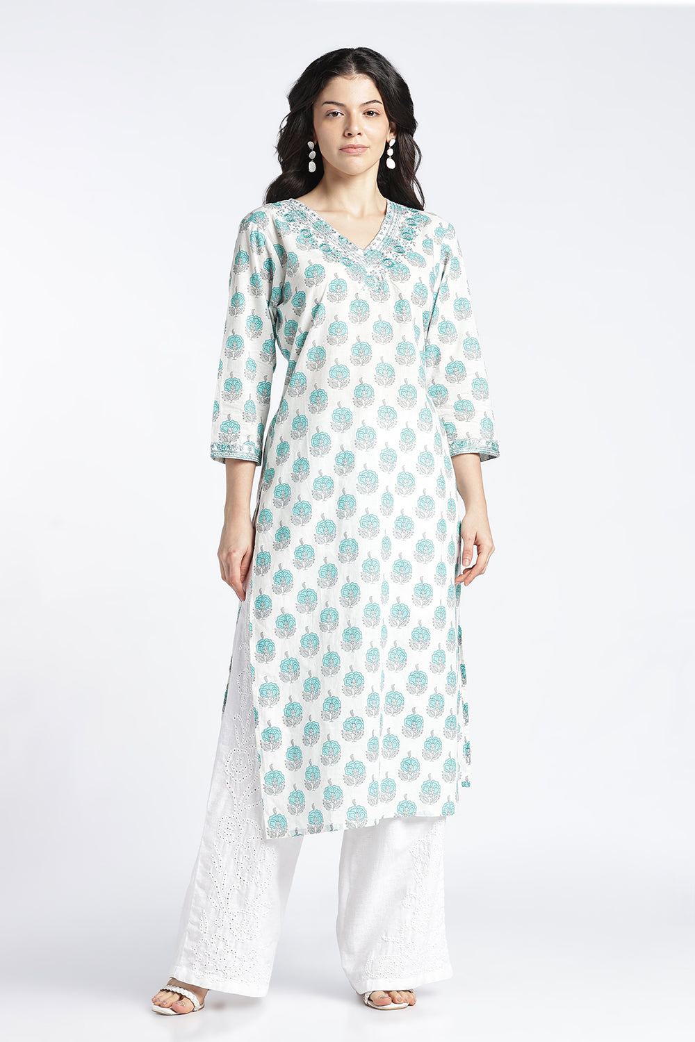 Mythri Women's Cotton Printed Kurti | V-Neck Floral Embroidered Kurti for Women | Regular Fit Everyday Ethnic Kurta | Casual Office Wear Cotton Kurti - 1040