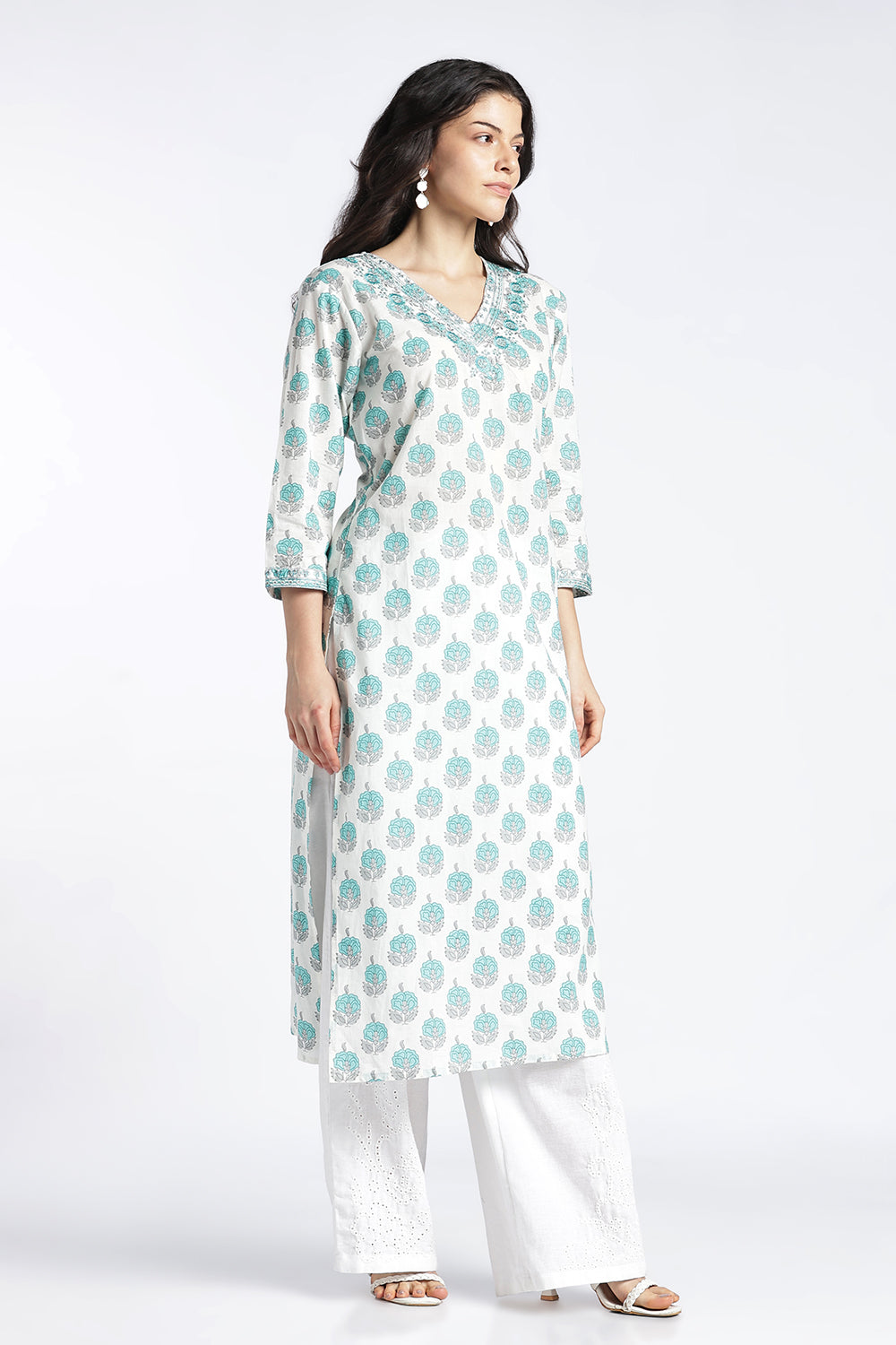 Mythri Women's Cotton Printed Kurti | V-Neck Floral Embroidered Kurti for Women | Regular Fit Everyday Ethnic Kurta | Casual Office Wear Cotton Kurti - 1040