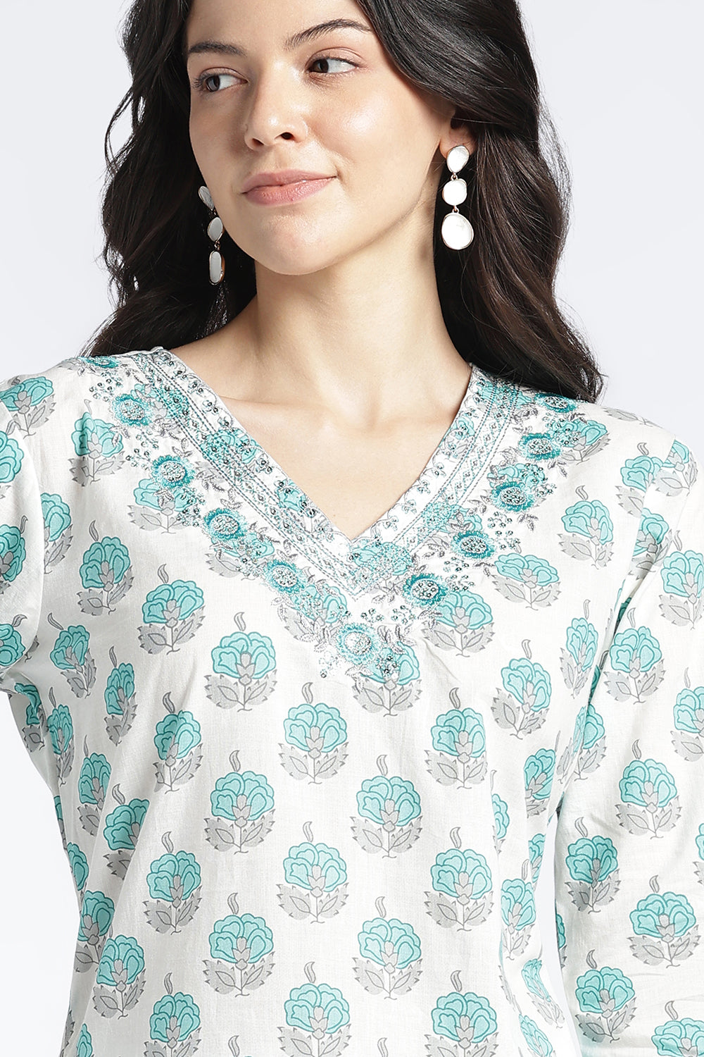 Mythri Women's Cotton Printed Kurti | V-Neck Floral Embroidered Kurti for Women | Regular Fit Everyday Ethnic Kurta | Casual Office Wear Cotton Kurti - 1040