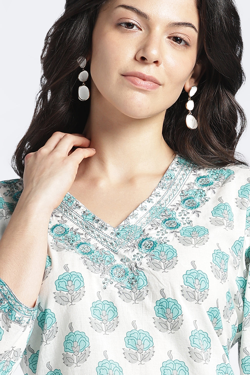 Mythri Women's Cotton Printed Kurti | V-Neck Floral Embroidered Kurti for Women | Regular Fit Everyday Ethnic Kurta | Casual Office Wear Cotton Kurti - 1040