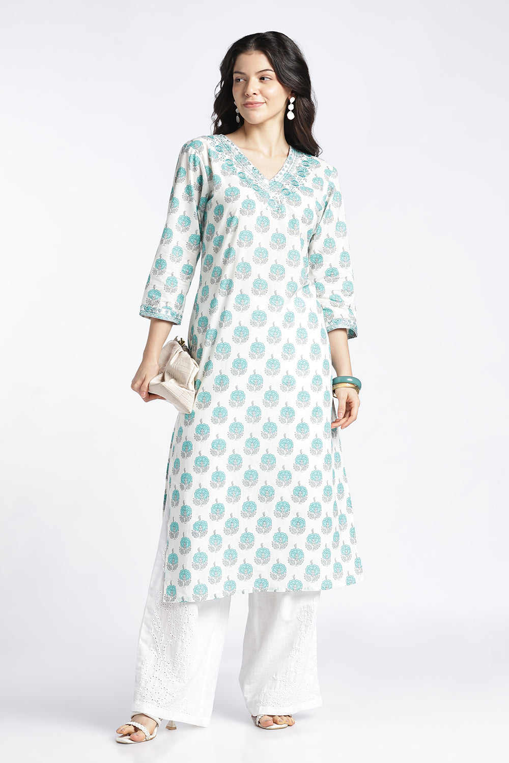 Mythri Women's Cotton Printed Kurti | V-Neck Floral Embroidered Kurti for Women | Regular Fit Everyday Ethnic Kurta | Casual Office Wear Cotton Kurti - 1040