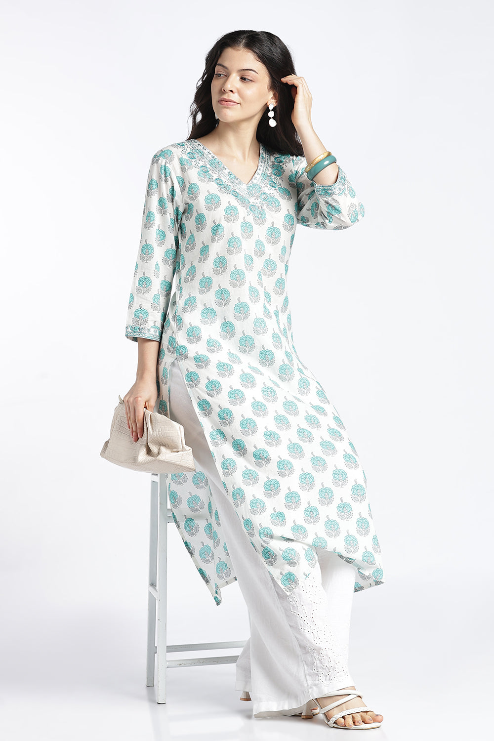 Mythri Women's Cotton Printed Kurti | V-Neck Floral Embroidered Kurti for Women | Regular Fit Everyday Ethnic Kurta | Casual Office Wear Cotton Kurti - 1040