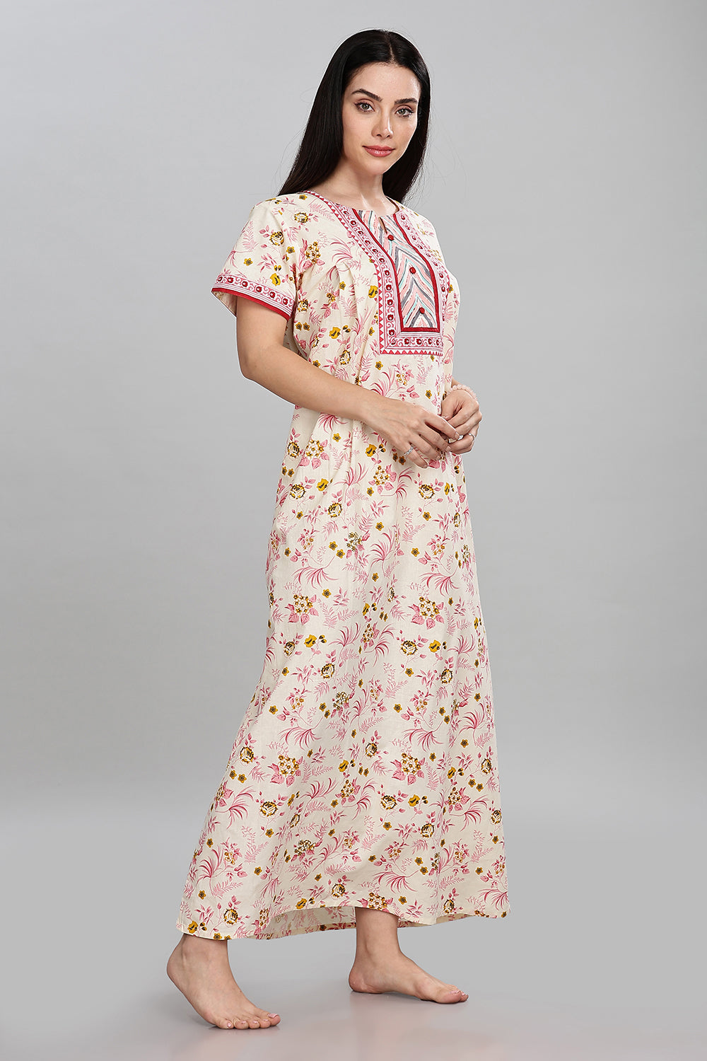 Naidu Hall Round Neck Half Sleeve Pull-On Nighty - Pink - NT29