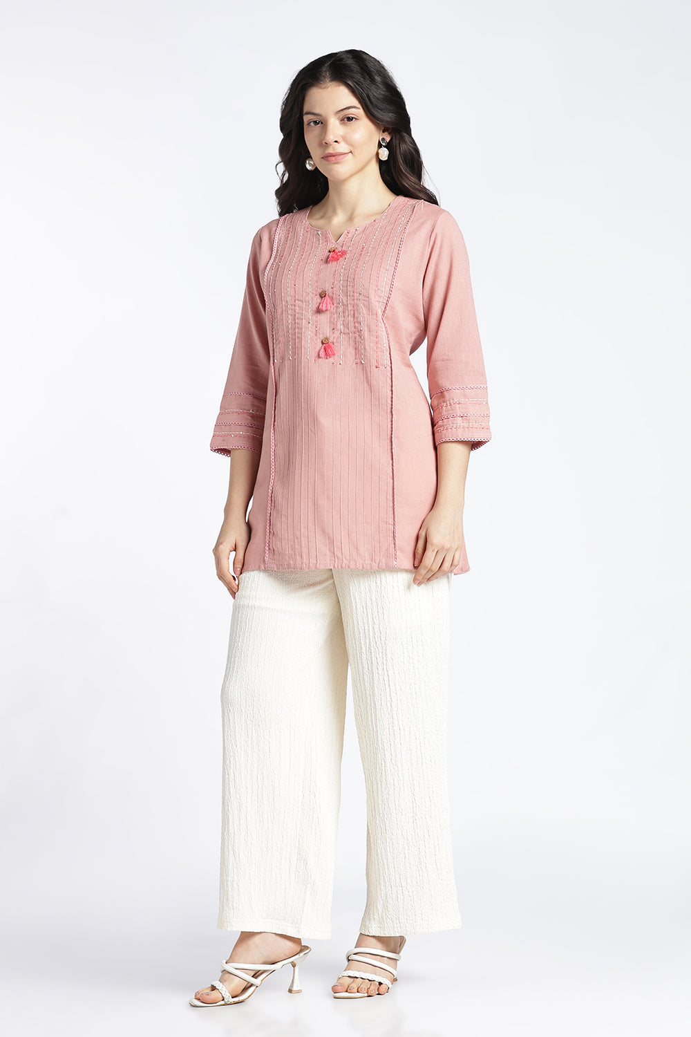 Mythri Women's Cotton Flax Top | Mandarin V-Neck Kantha Stitch Top with Tassel Details | Regular Fit Casual & Office Wear - 1458