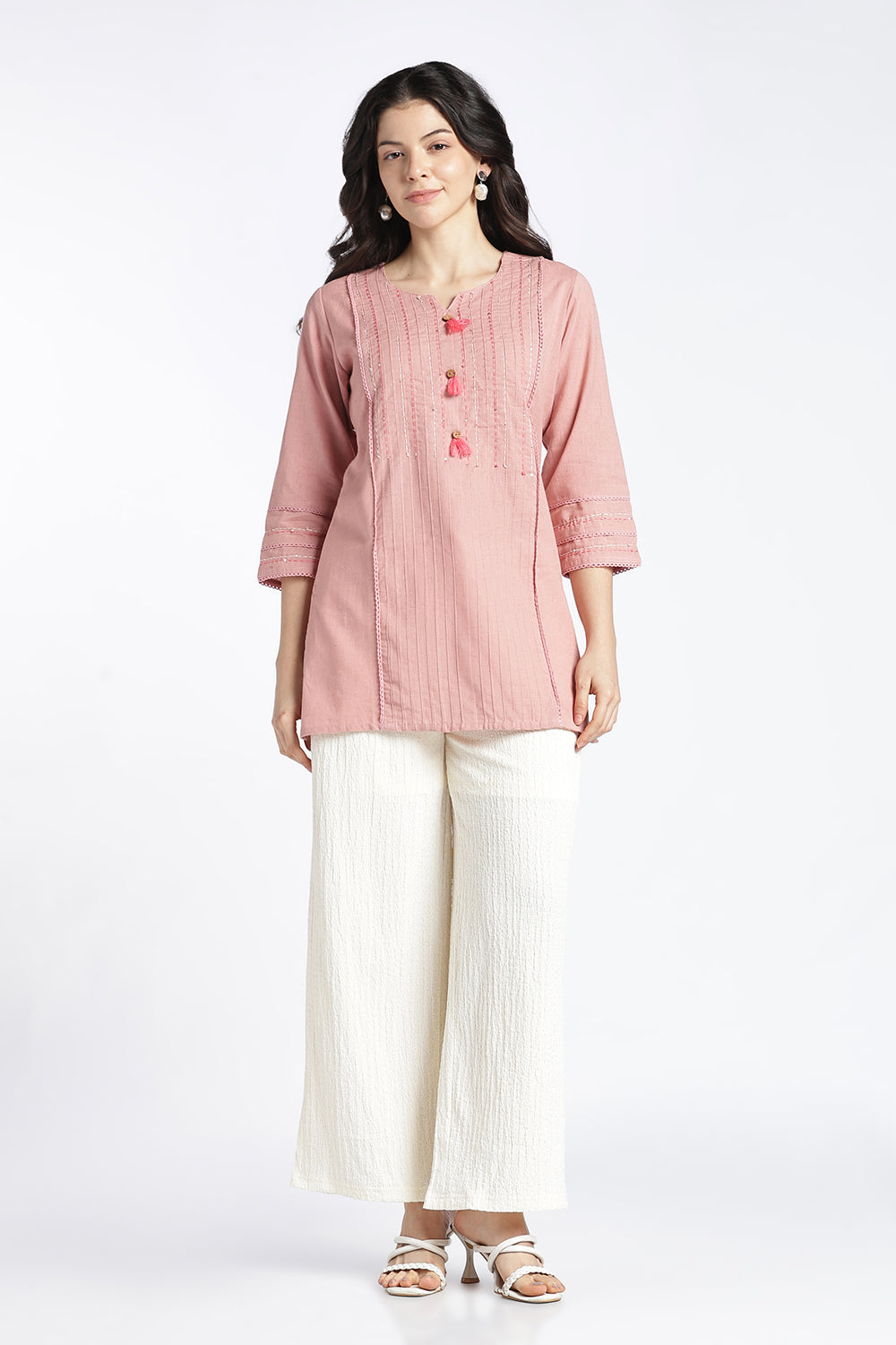 Mythri Women's Cotton Flax Top | Mandarin V-Neck Kantha Stitch Top with Tassel Details | Regular Fit Casual & Office Wear - 1458