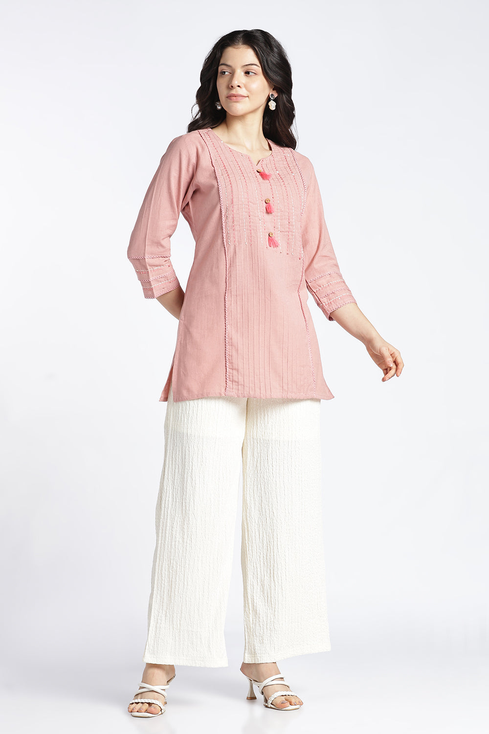 Mythri Women's Cotton Flax Top | Mandarin V-Neck Kantha Stitch Top with Tassel Details | Regular Fit Casual & Office Wear - 1458