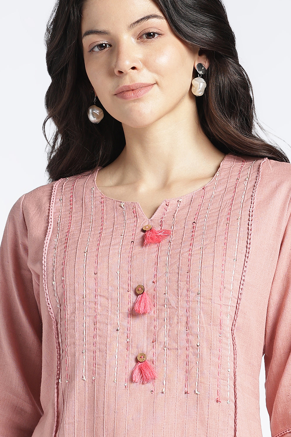 Mythri Women's Cotton Flax Top | Mandarin V-Neck Kantha Stitch Top with Tassel Details | Regular Fit Casual & Office Wear - 1458
