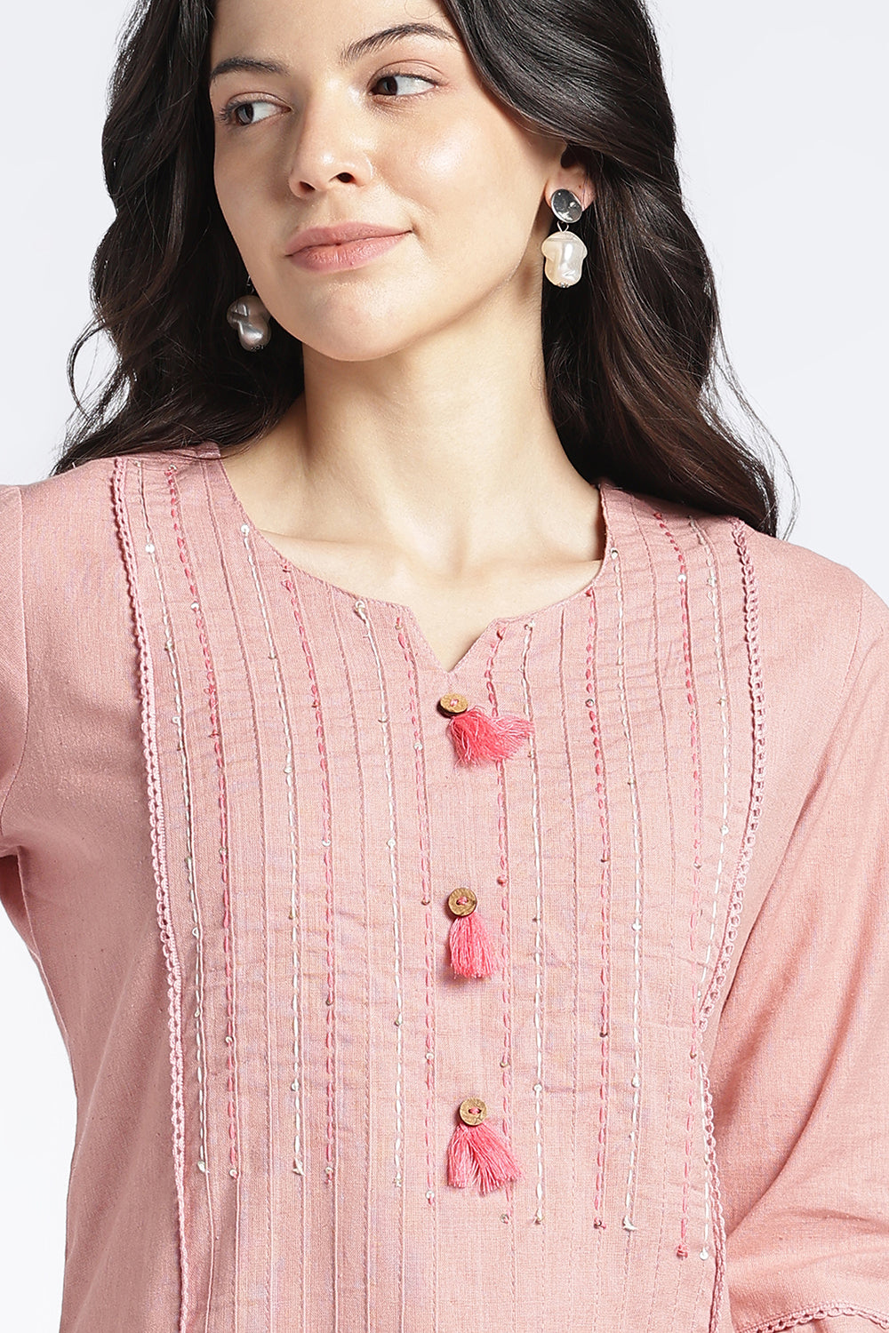 Mythri Women's Cotton Flax Top | Mandarin V-Neck Kantha Stitch Top with Tassel Details | Regular Fit Casual & Office Wear - 1458