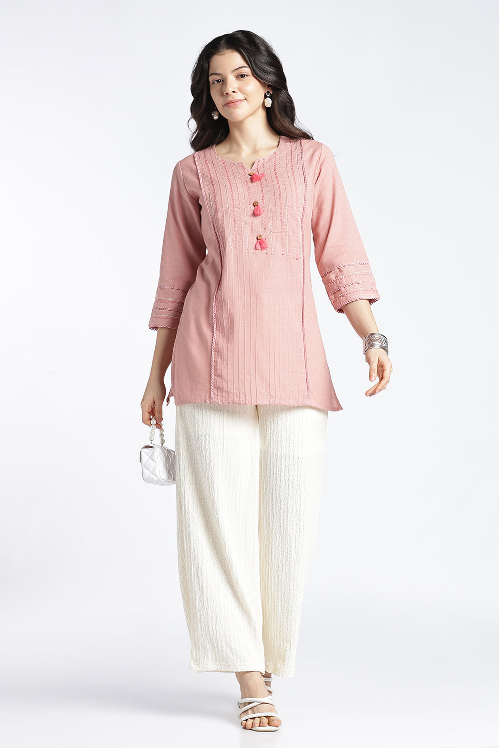 Mythri Women's Cotton Flax Top | Mandarin V-Neck Kantha Stitch Top with Tassel Details | Regular Fit Casual & Office Wear - 1458