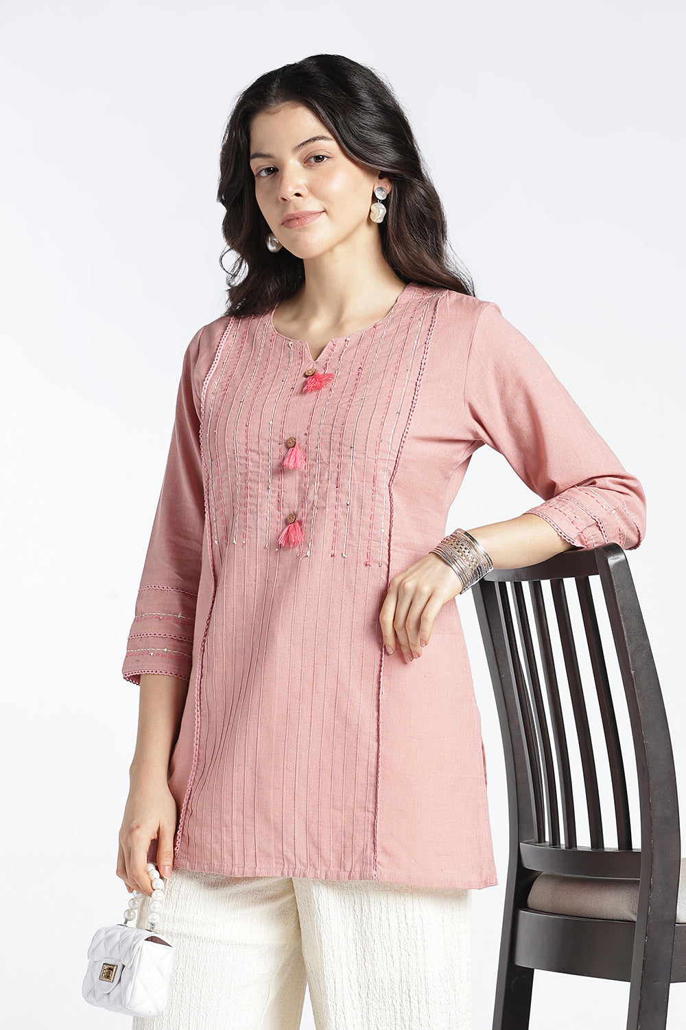 Mythri Women's Cotton Flax Top | Mandarin V-Neck Kantha Stitch Top with Tassel Details | Regular Fit Casual & Office Wear - 1458