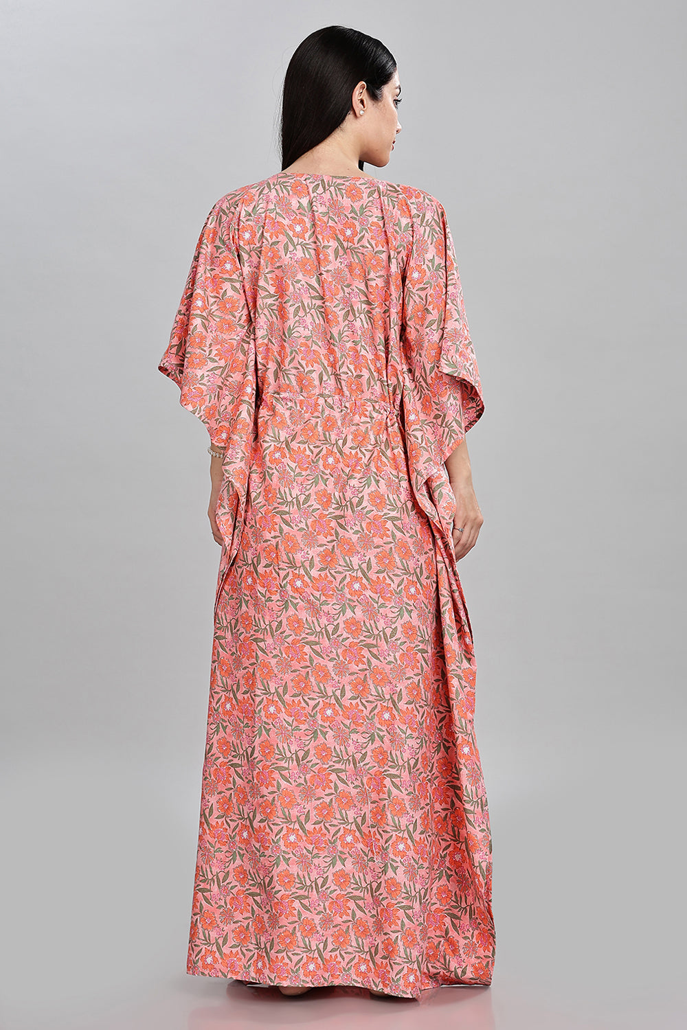 Naidu Hall Round Neck Kaftan Style Printed Nighty - Peach  - NT66