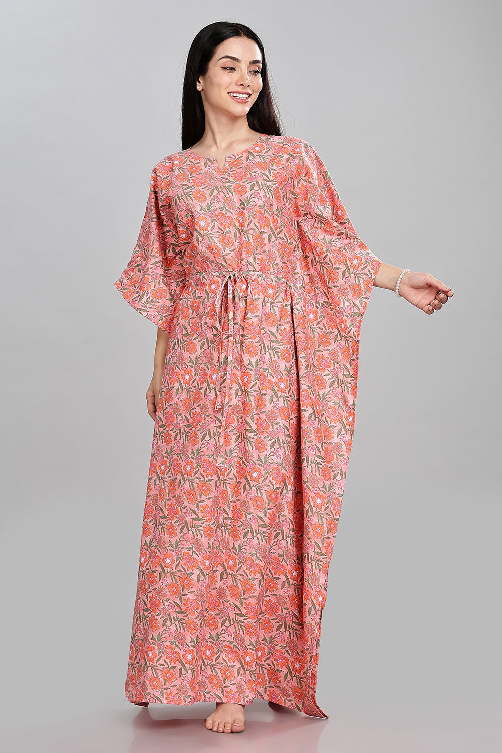 Naidu Hall Round Neck Kaftan Style Printed Nighty - Peach  - NT66