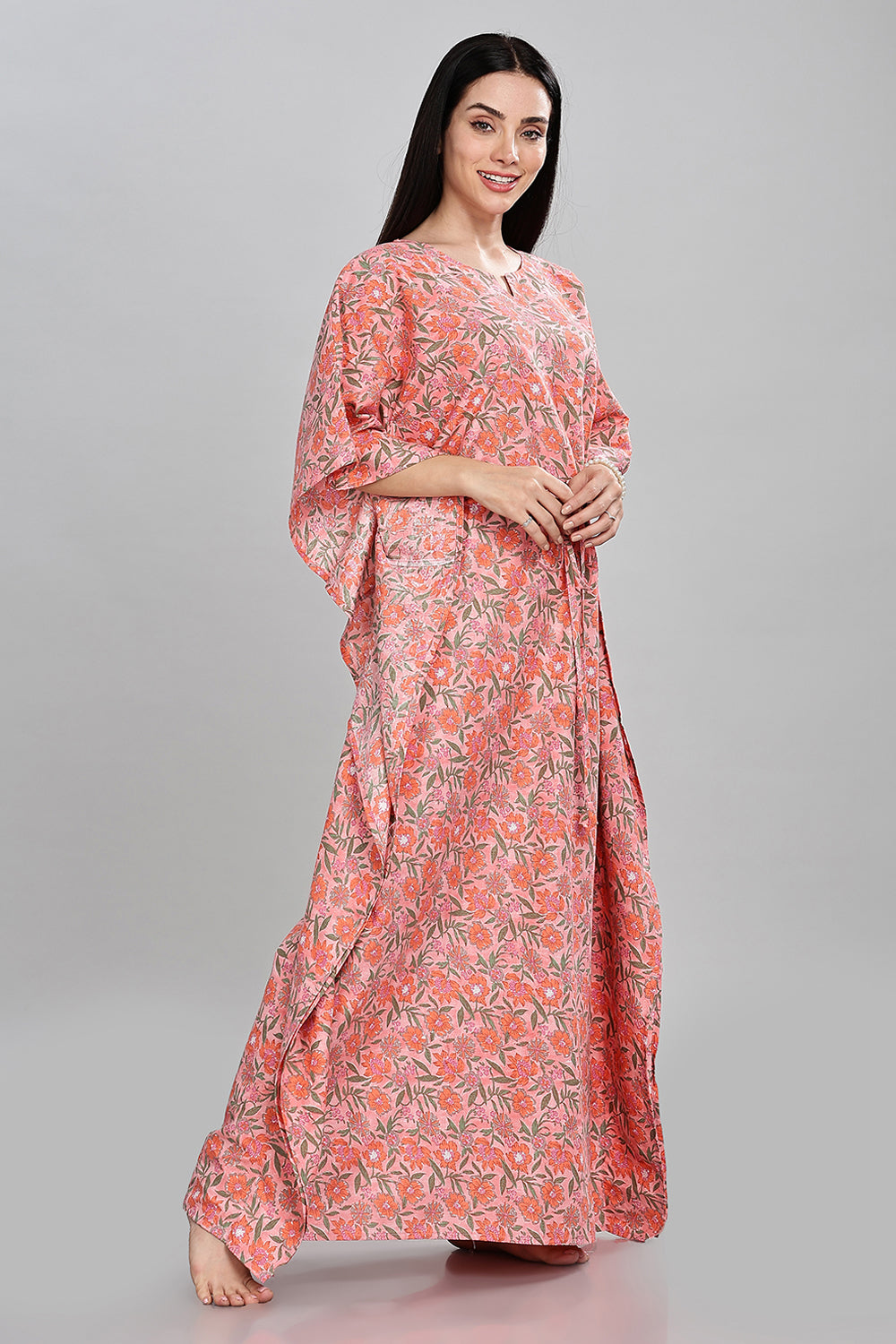 Naidu Hall Round Neck Kaftan Style Printed Nighty - Peach  - NT66