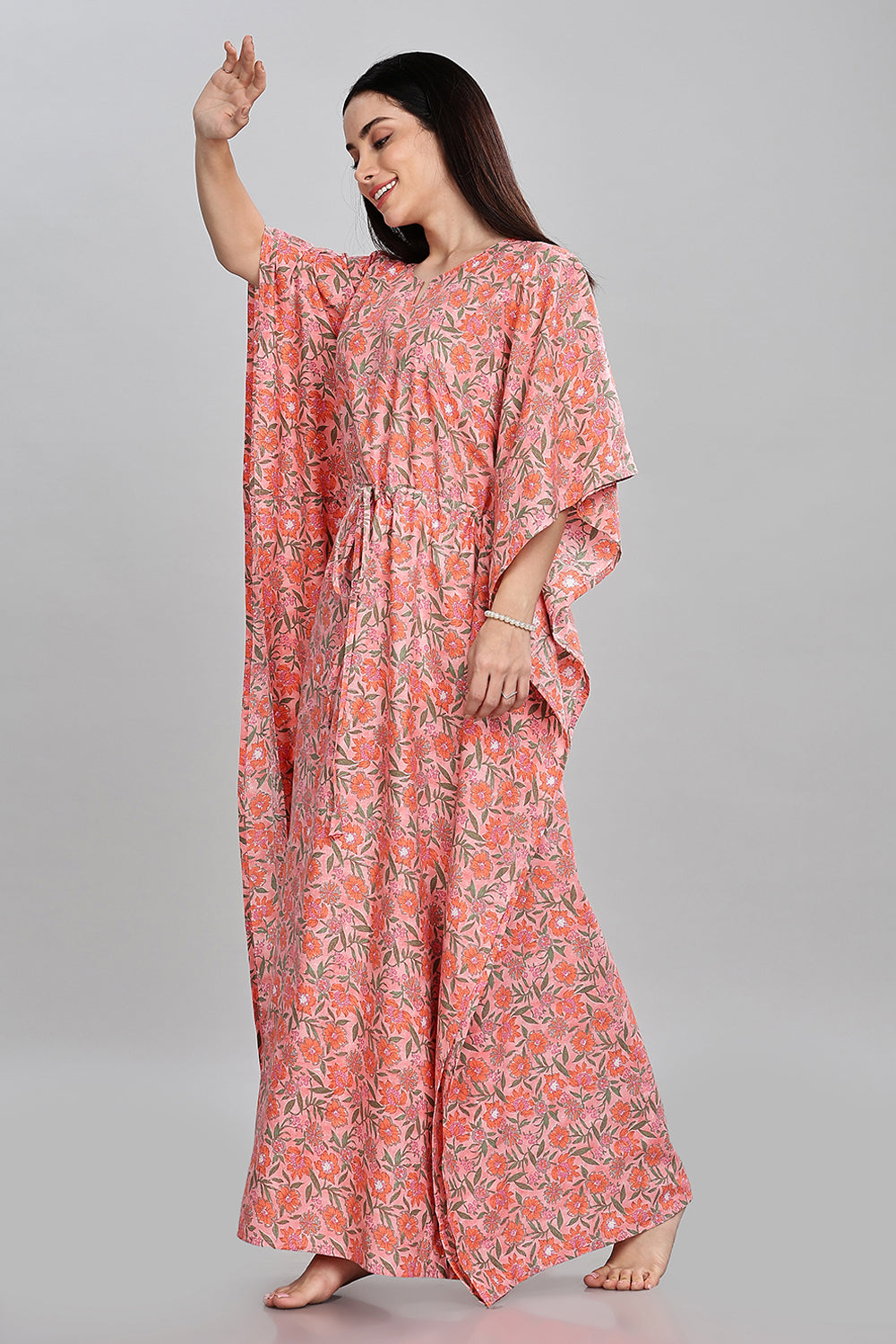 Naidu Hall Round Neck Kaftan Style Printed Nighty - Peach  - NT66