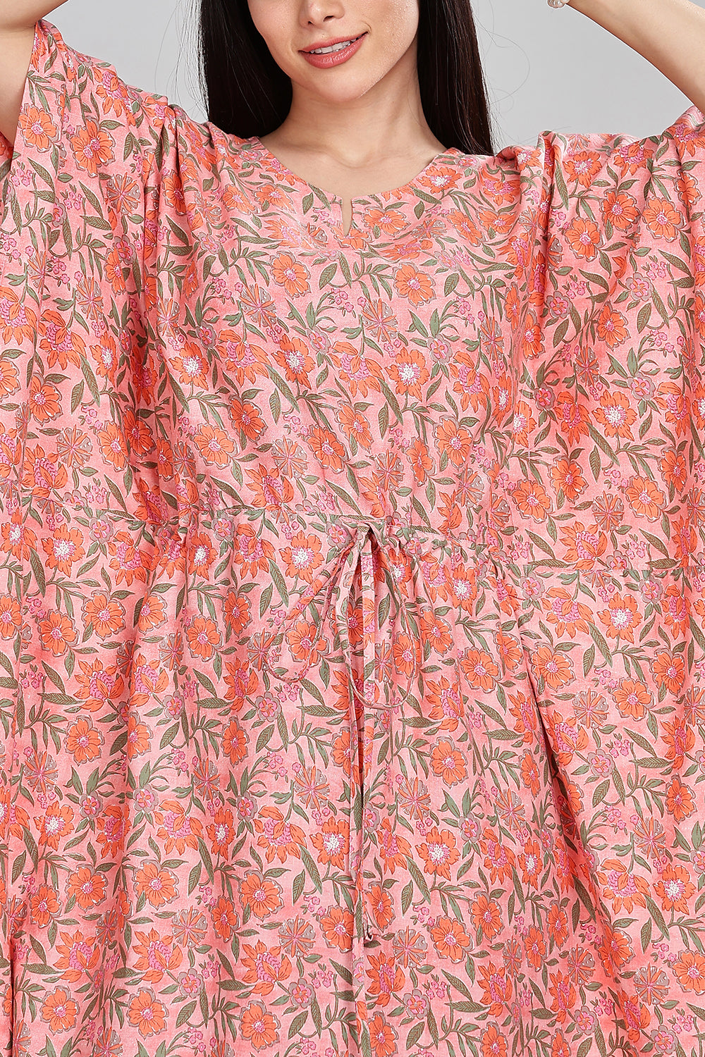 Naidu Hall Round Neck Kaftan Style Printed Nighty - Peach  - NT66