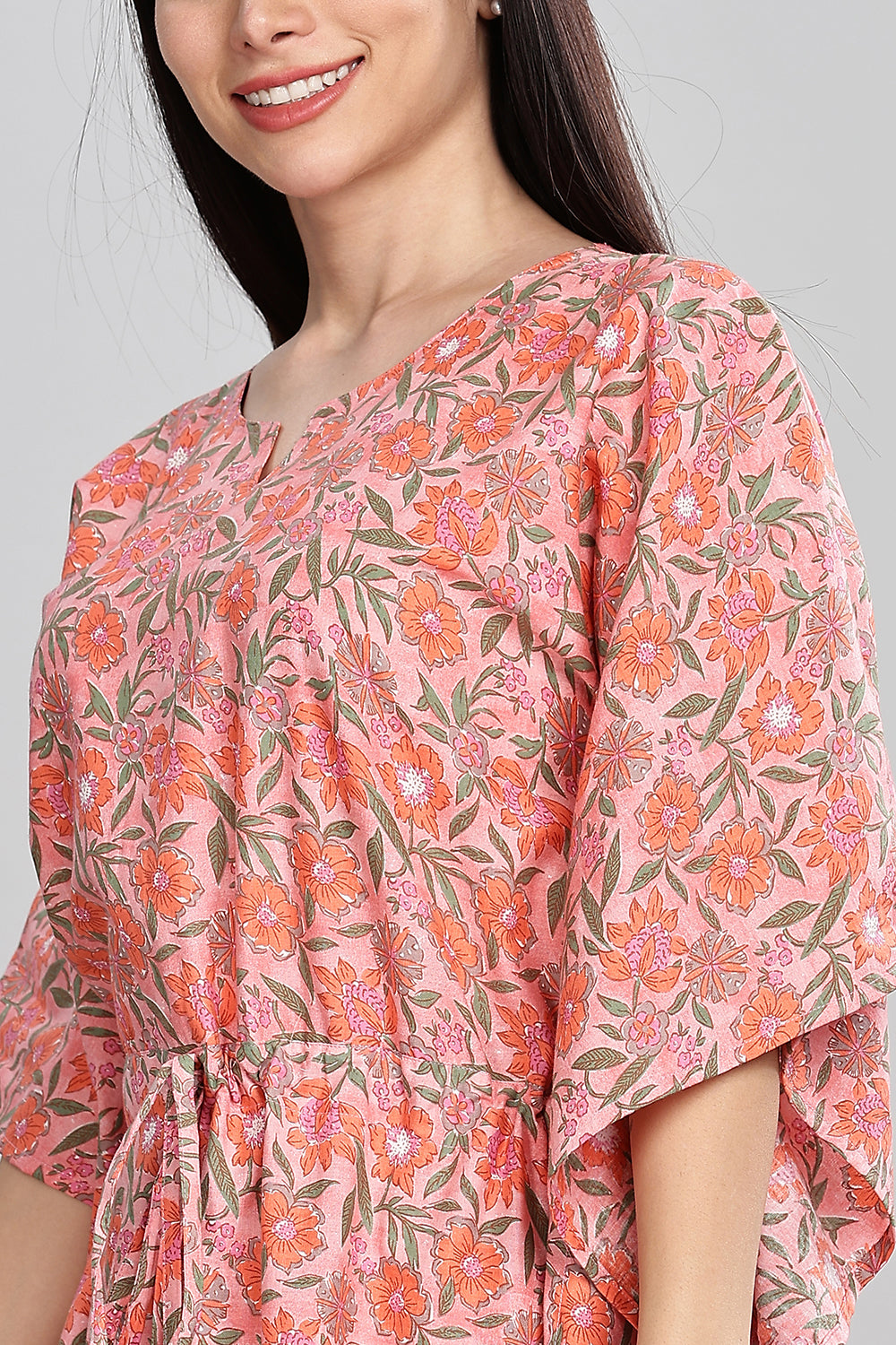 Naidu Hall Round Neck Kaftan Style Printed Nighty - Peach  - NT66