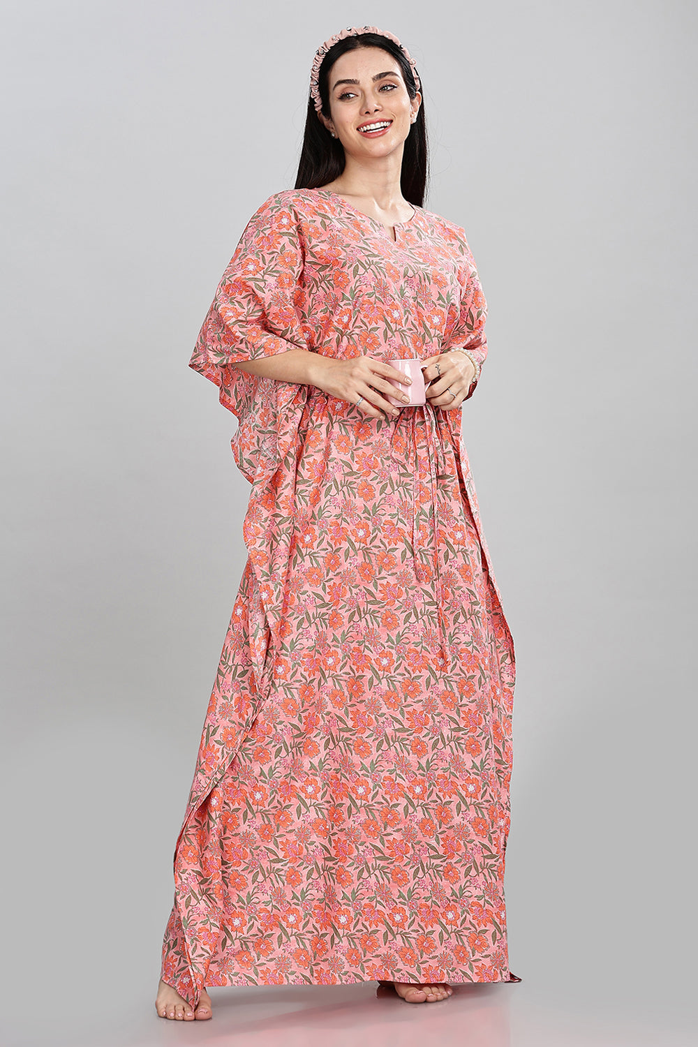 Naidu Hall Round Neck Kaftan Style Printed Nighty - Peach  - NT66