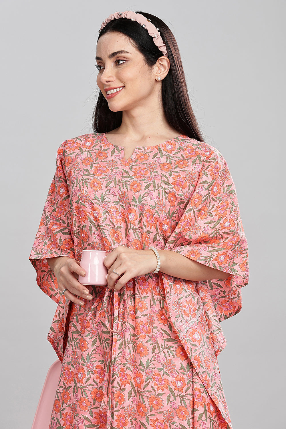 Naidu Hall Round Neck Kaftan Style Printed Nighty - Peach  - NT66