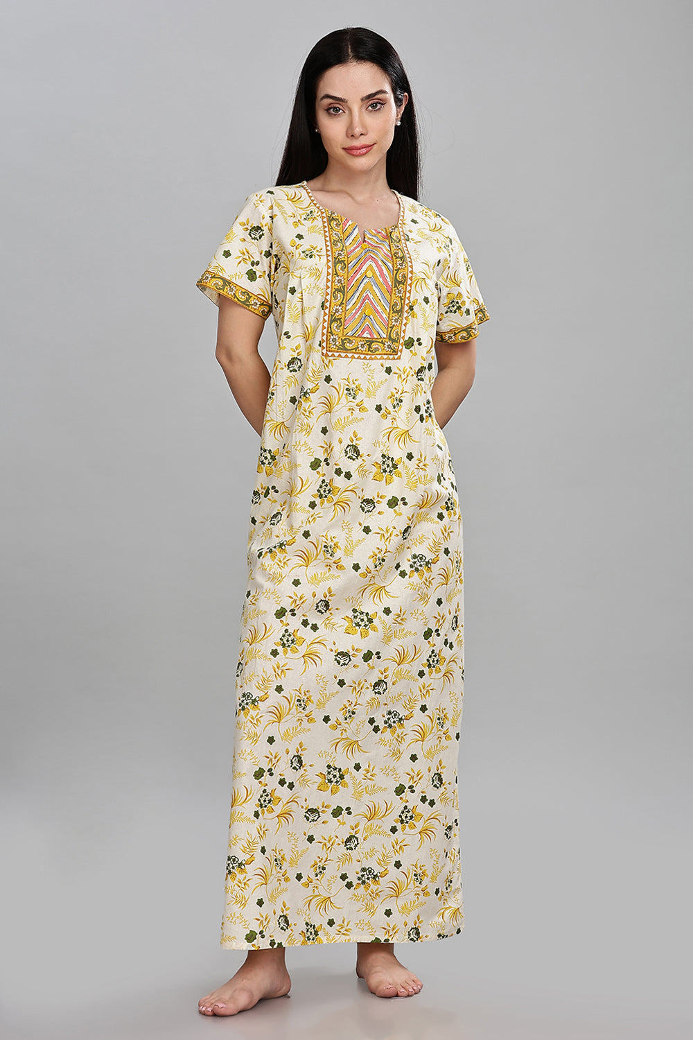 Naidu Hall Round Neck Half Sleeve Pull-On Nighty - Yellow - NT30