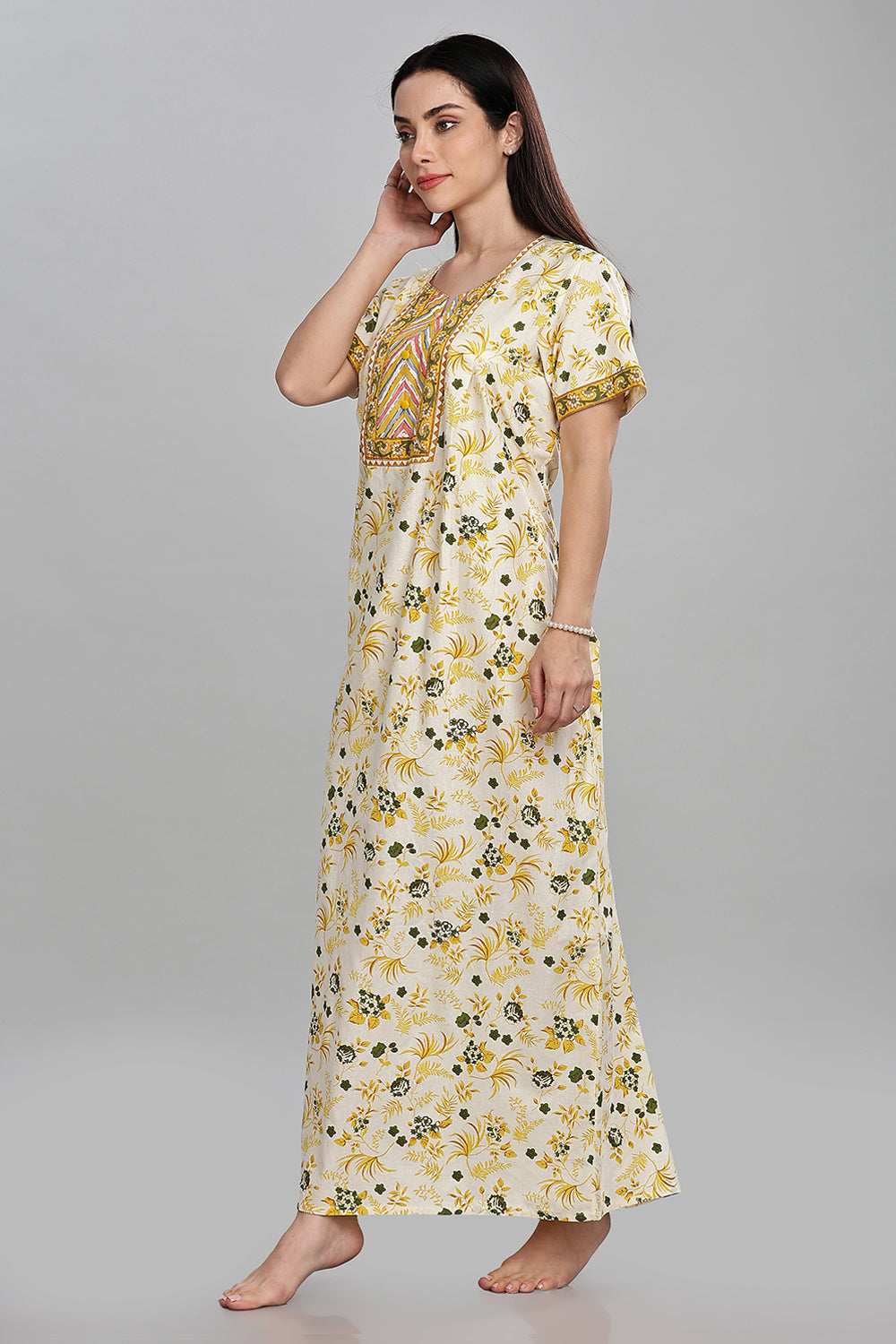 Naidu Hall Round Neck Half Sleeve Pull-On Nighty - Yellow - NT30