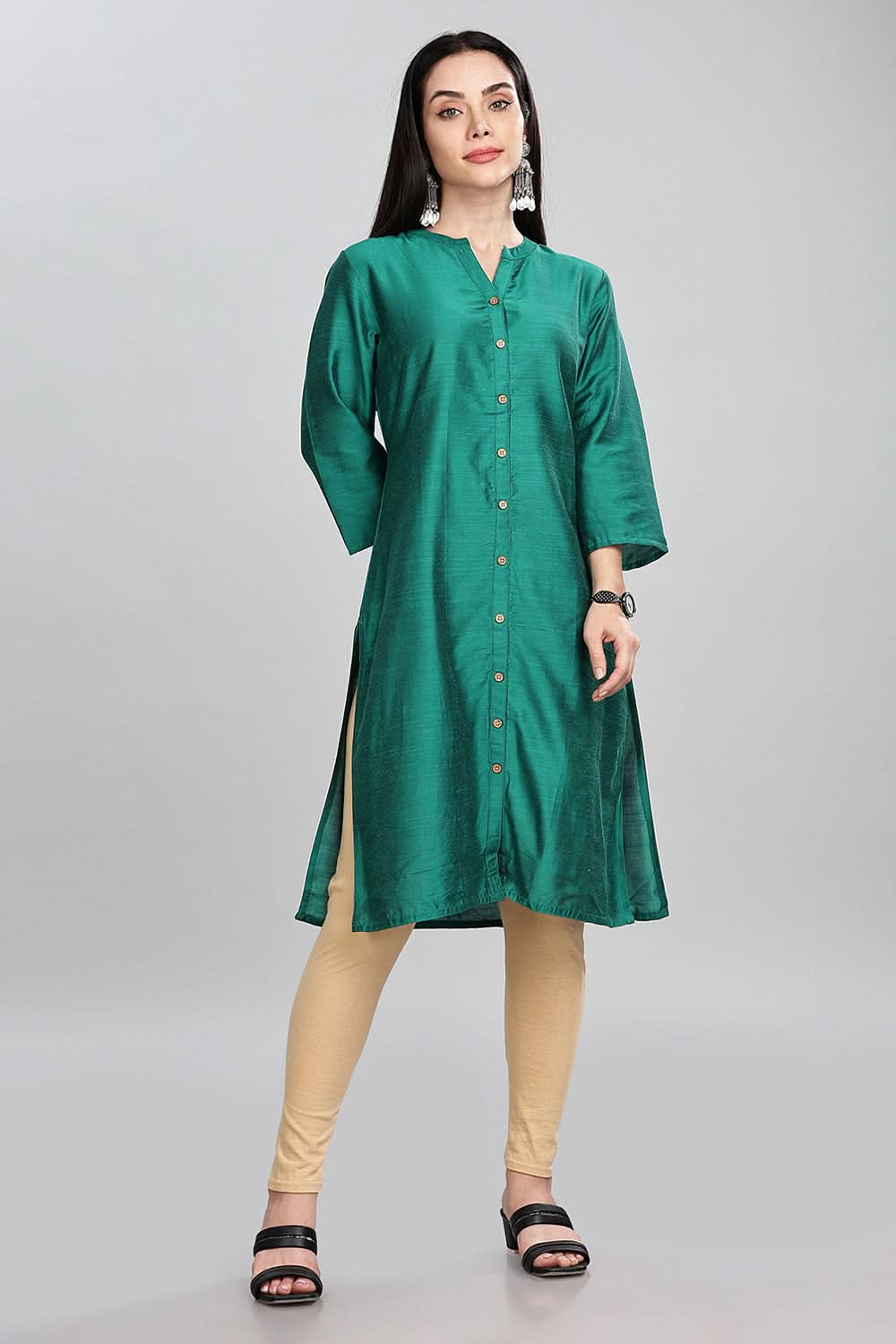 Mythri Ethnic Women's Wear Knee Length Straight Kurtha - Dark Green - KU41