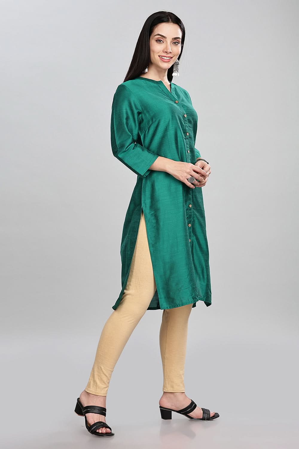 Mythri Ethnic Women's Wear Knee Length Straight Kurtha - Dark Green - KU41