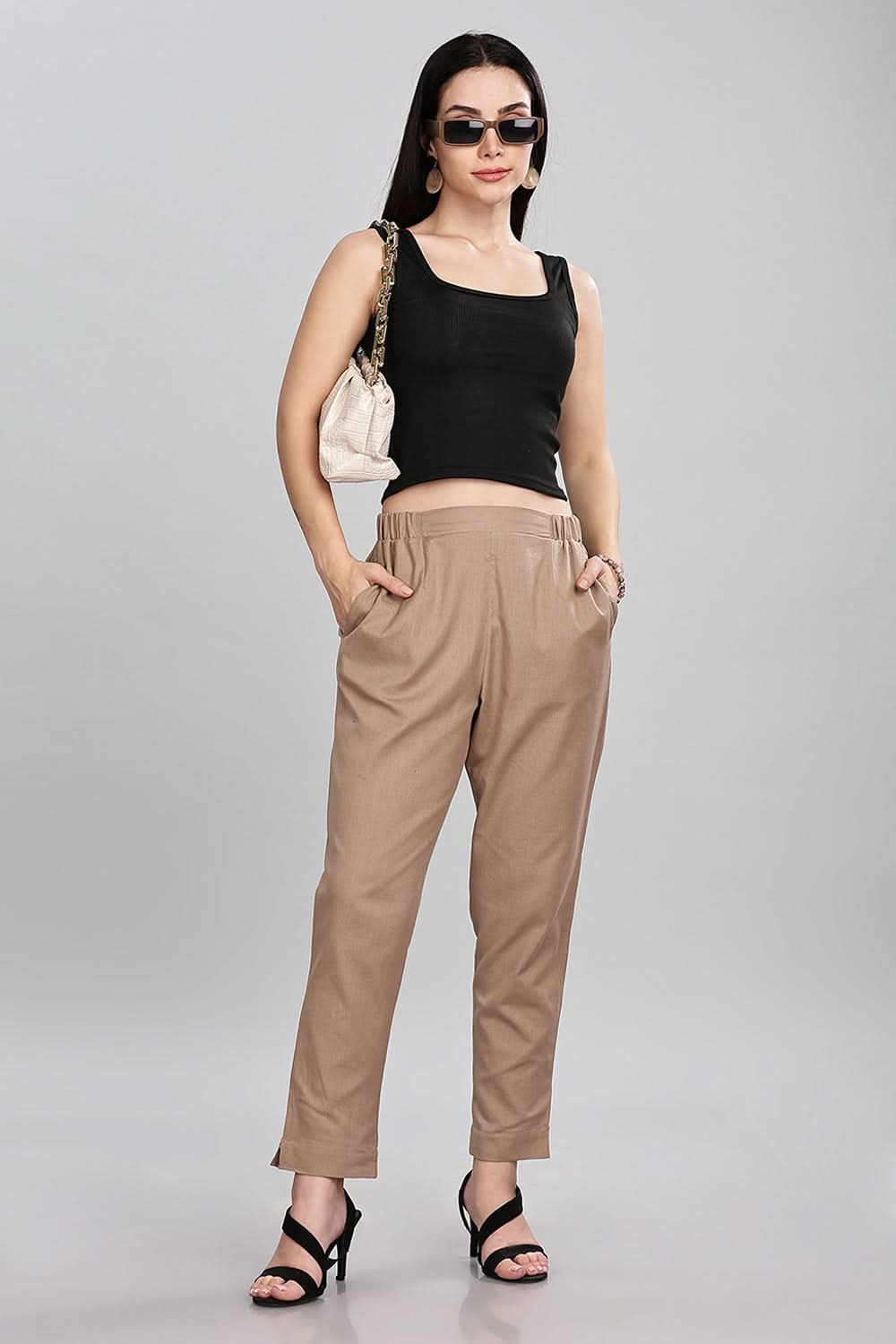 Mythri Trendy Women's Straight Pants with Adjustable Drawstrings & Bottom Slit Perfect Fit - Brown - P002