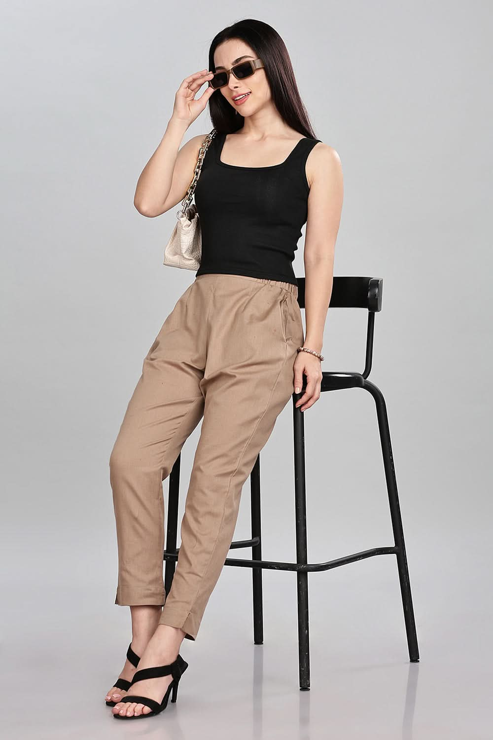 Mythri Trendy Women's Straight Pants with Adjustable Drawstrings & Bottom Slit Perfect Fit - Brown - P002