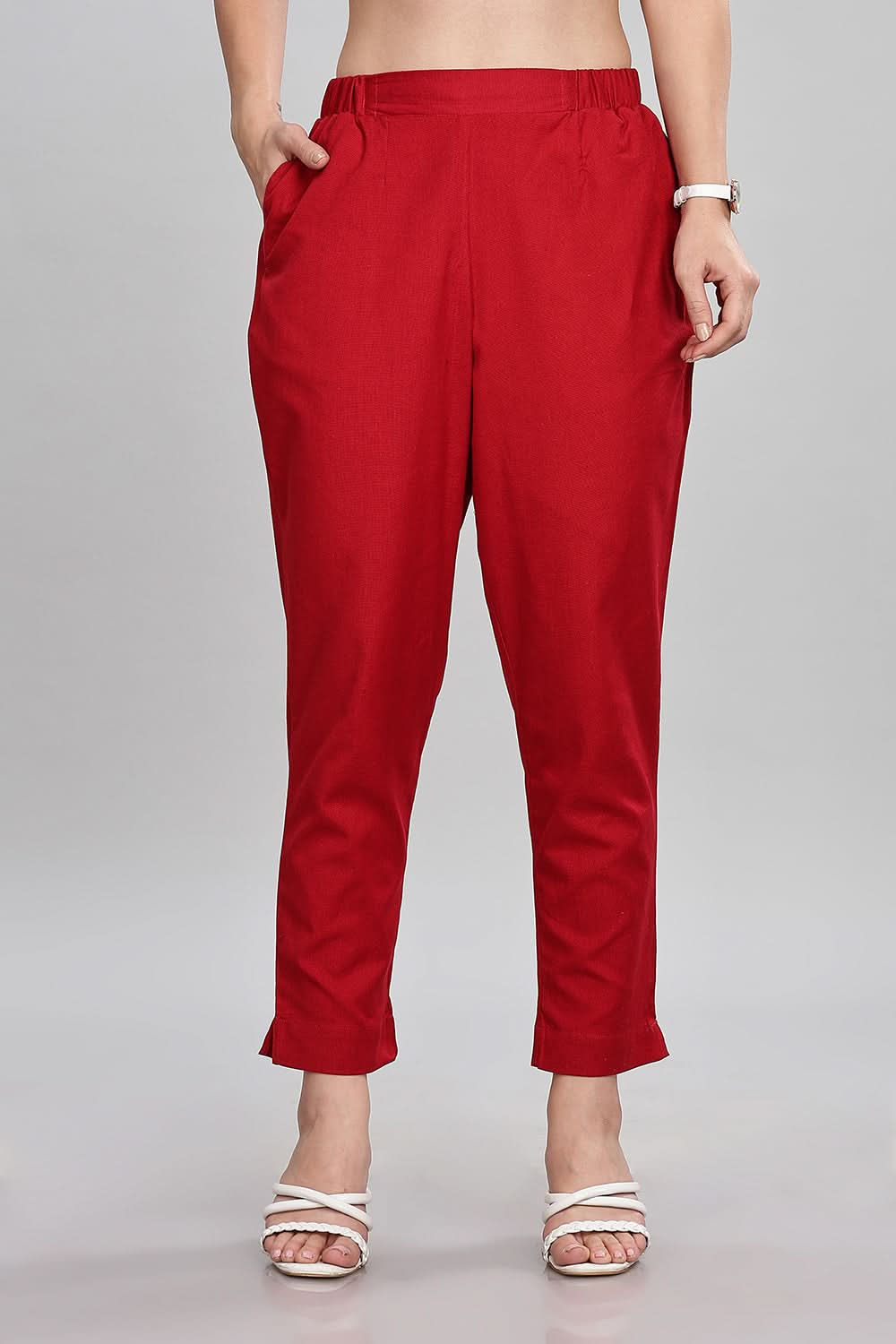 Mythri Trendy Women's Straight Pants with Adjustable Drawstrings & Bottom Slit Perfect Fit - Red - P002