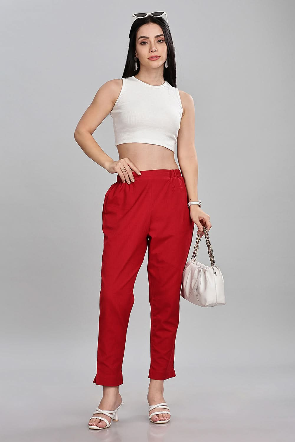 Mythri Trendy Women's Straight Pants with Adjustable Drawstrings & Bottom Slit Perfect Fit - Red - P002