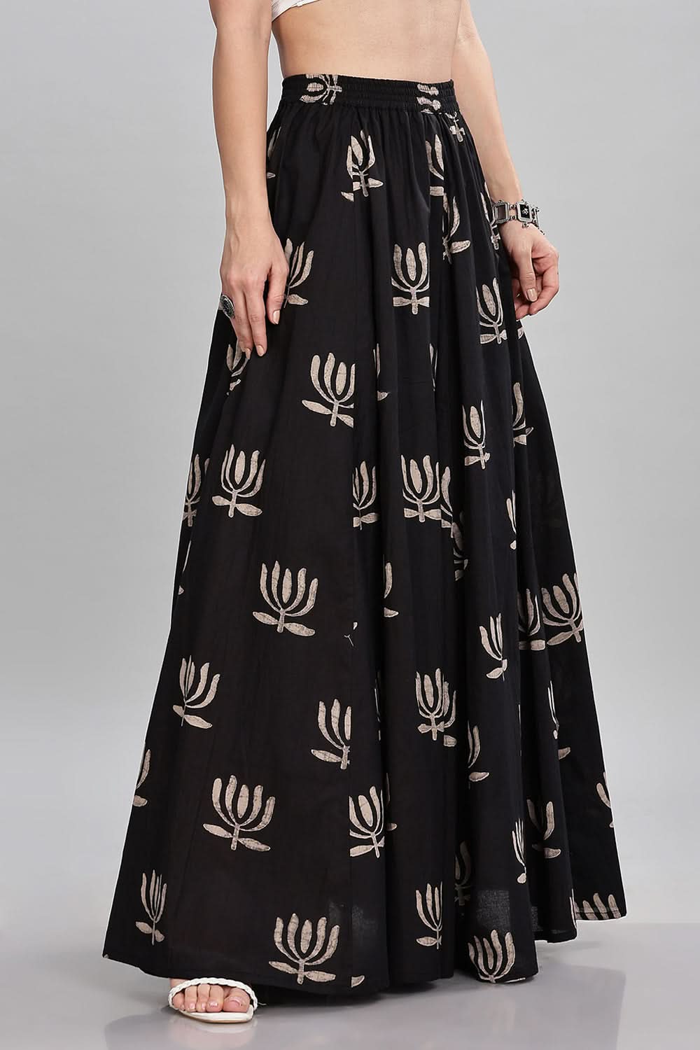 Mythri Block Printed Long Skirt Flared Circular Skirt for Women Comfortable Elastic Waist - Black - SK05