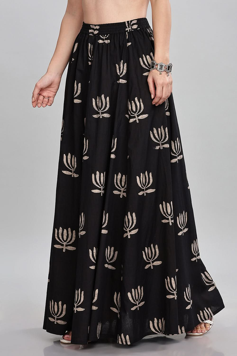 Mythri Block Printed Long Skirt Flared Circular Skirt for Women Comfortable Elastic Waist - Black - SK05