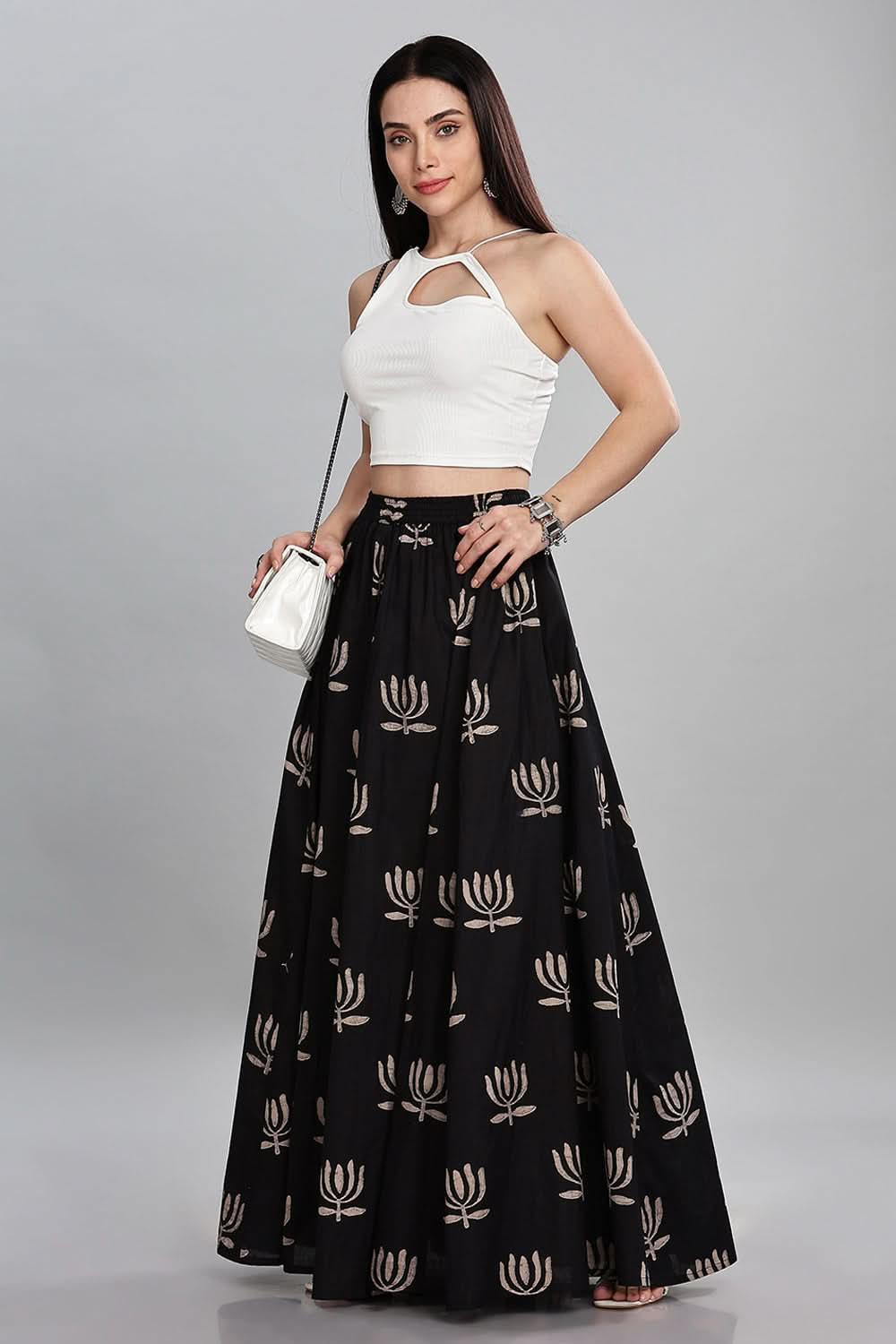 Mythri Block Printed Long Skirt Flared Circular Skirt for Women Comfortable Elastic Waist - Black - SK05