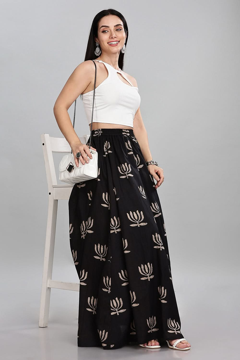 Mythri Block Printed Long Skirt Flared Circular Skirt for Women Comfortable Elastic Waist - Black - SK05