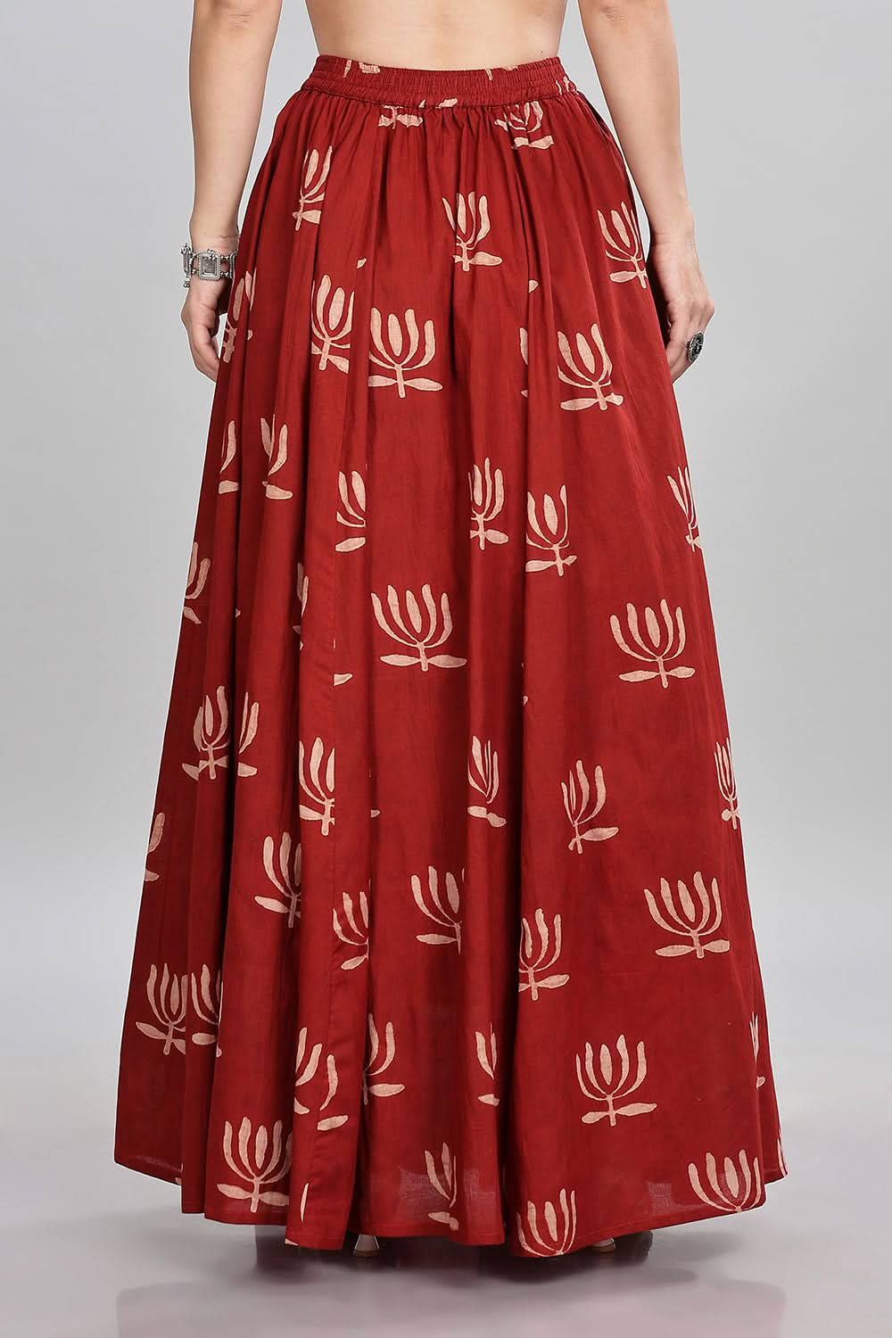 Mythri Block Printed Long Skirt Flared Circular Skirt for Women Comfortable Elastic Waist - Red - SK05