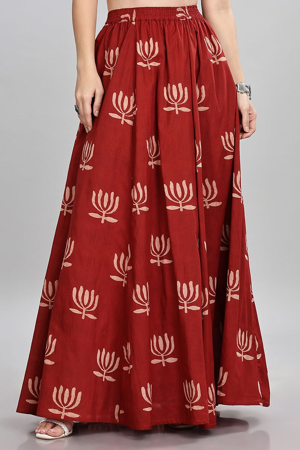 Mythri Block Printed Long Skirt Flared Circular Skirt for Women Comfortable Elastic Waist - Red - SK05