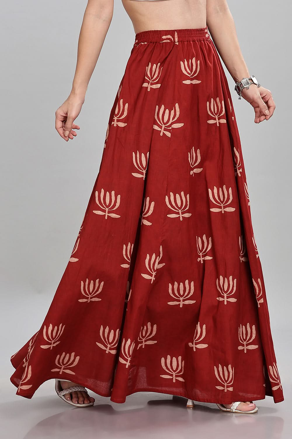 Mythri Block Printed Long Skirt Flared Circular Skirt for Women Comfortable Elastic Waist - Red - SK05