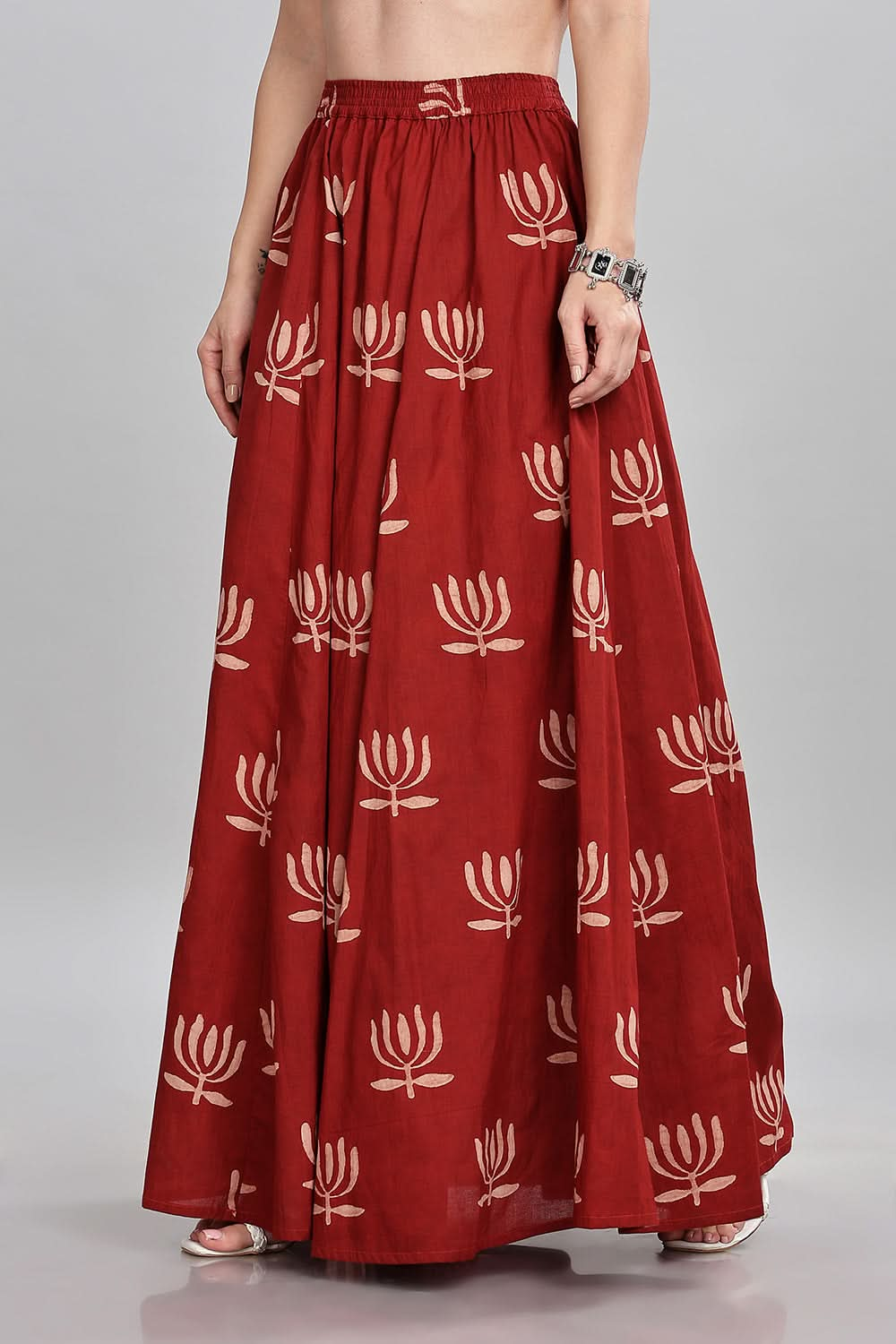 Mythri Block Printed Long Skirt Flared Circular Skirt for Women Comfortable Elastic Waist - Red - SK05