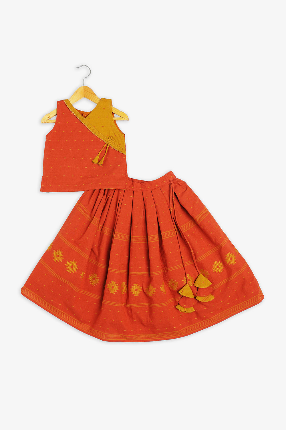 Chittythalli Girls Kalamkari Silk Cotton Slub Pavadai Set - Traditional Ethnic Wear-RUST-PS72