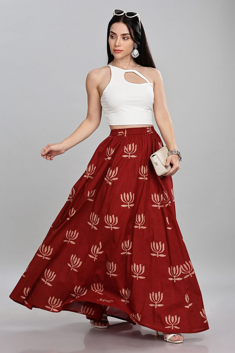 Mythri Block Printed Long Skirt Flared Circular Skirt for Women Comfortable Elastic Waist - Red - SK05