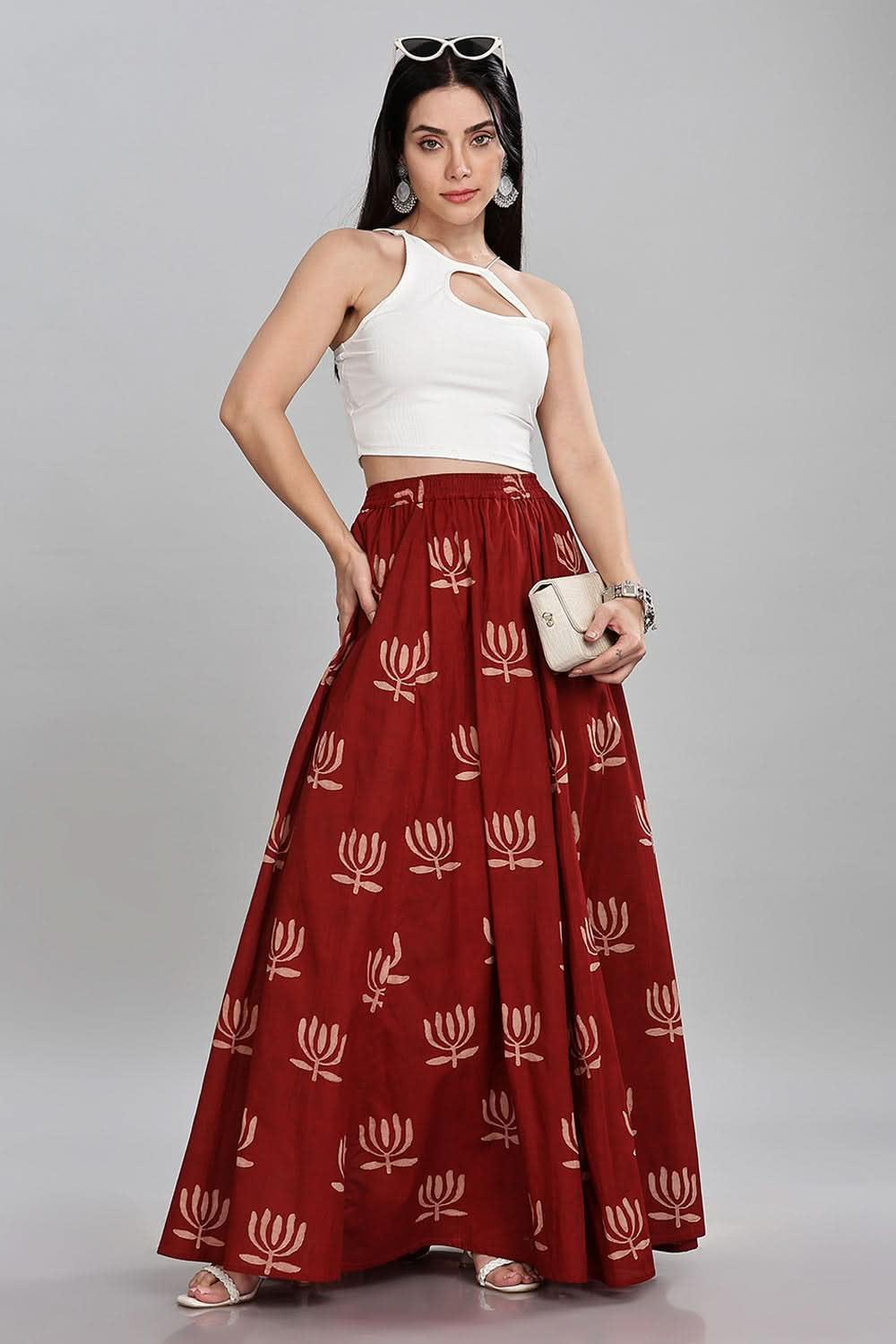 Mythri Block Printed Long Skirt Flared Circular Skirt for Women Comfortable Elastic Waist - Red - SK05