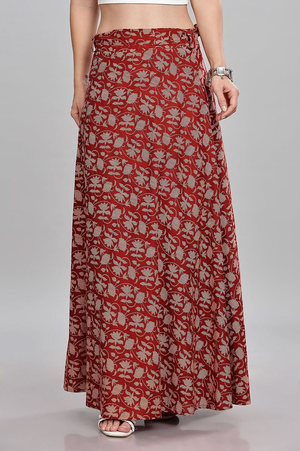 Mythri Women’s Block Print Wrap Skirt Stylish Tie-Up Design Casual and Festive Wear - Red - SK07