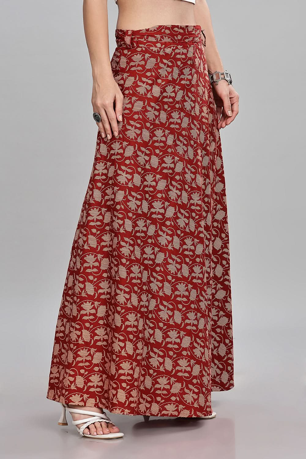 Mythri Women’s Block Print Wrap Skirt Stylish Tie-Up Design Casual and Festive Wear - Red - SK07