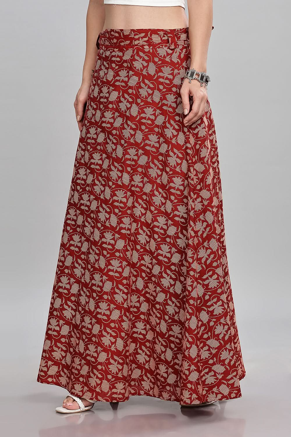 Mythri Women’s Block Print Wrap Skirt Stylish Tie-Up Design Casual and Festive Wear - Red - SK07