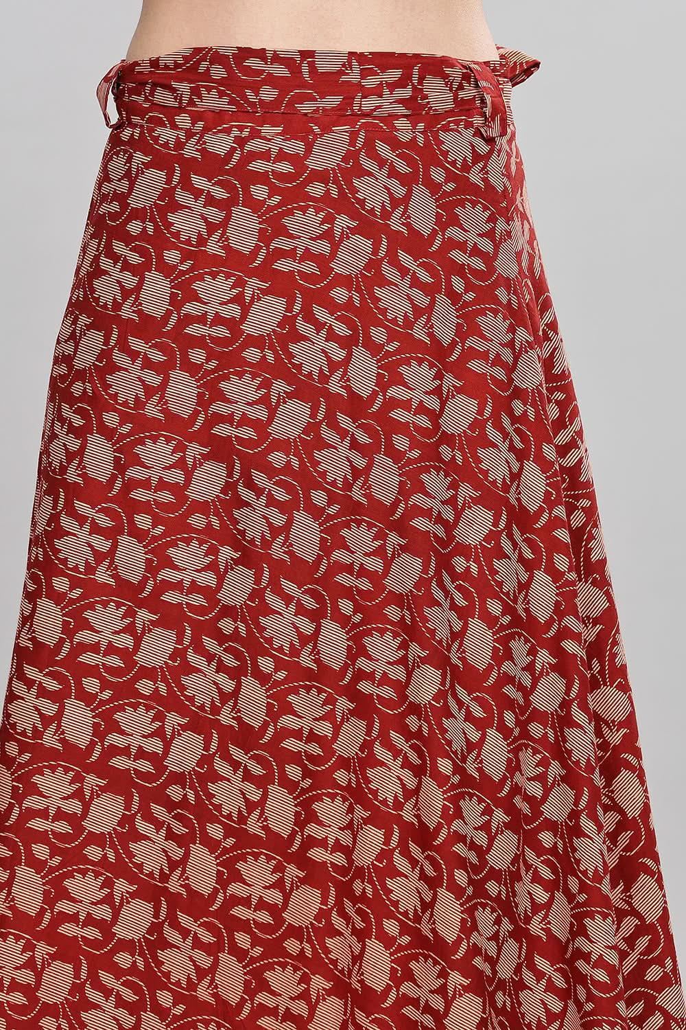 Mythri Women’s Block Print Wrap Skirt Stylish Tie-Up Design Casual and Festive Wear - Red - SK07