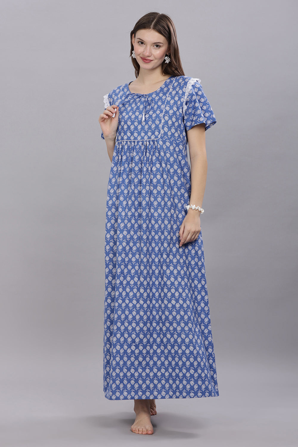 Naidu Hall Round Neck Half Sleeve 100% Cotton Printed with Ruffle Gathering at Shoulder Women's Nighty  - Blue - T410