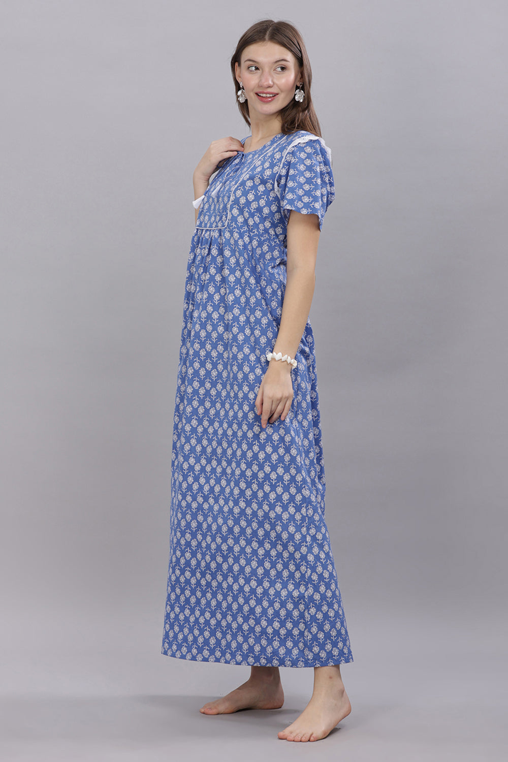 Naidu Hall Round Neck Half Sleeve 100% Cotton Printed with Ruffle Gathering at Shoulder Women's Nighty  - Blue - T410