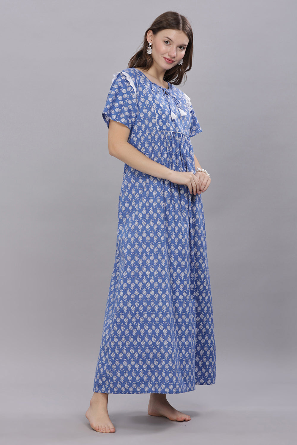 Naidu Hall Round Neck Half Sleeve 100% Cotton Printed with Ruffle Gathering at Shoulder Women's Nighty  - Blue - T410